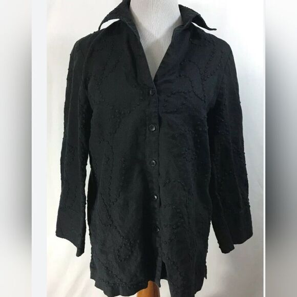 Jones New York Signature M Black 100% LINEN 3/4Slv ButtonUp Textured Women Shirt - Picture 1 of 10